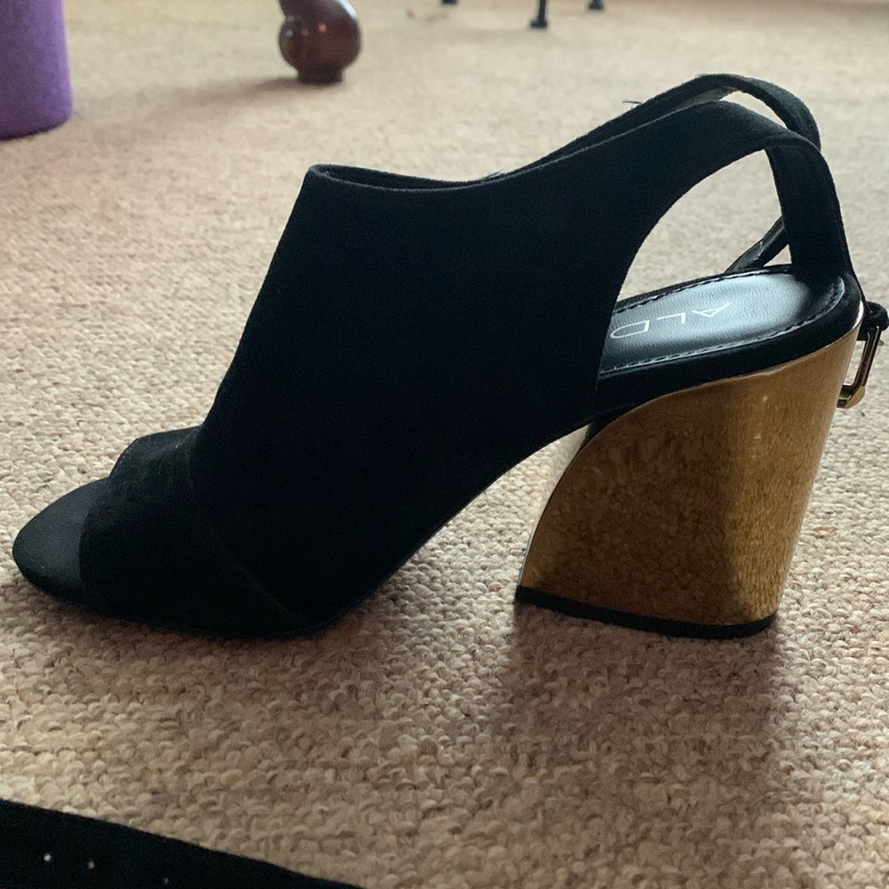 Dressy black upper with Gold 3.5 inch heel  open toed sandals -